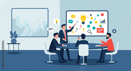 Business team meeting in a modern office setting, featuring a presentation with a lightbulb idea symbol, discussing strategies around a round table, with a cityscape view through