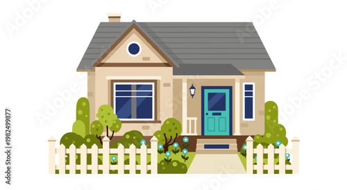 A charming residential house, showcasing a welcoming entrance, complete with a teal door, windows, and a quaint picket fence, surrounded by lush green trees and vibrant blue