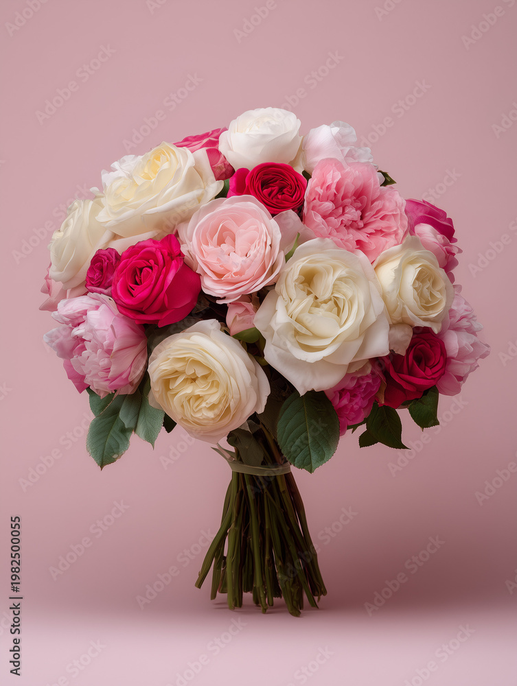 Fototapeta premium Wedding bouquet of peony and rose flowers on pink background, romantic floral arrangement for bridal design