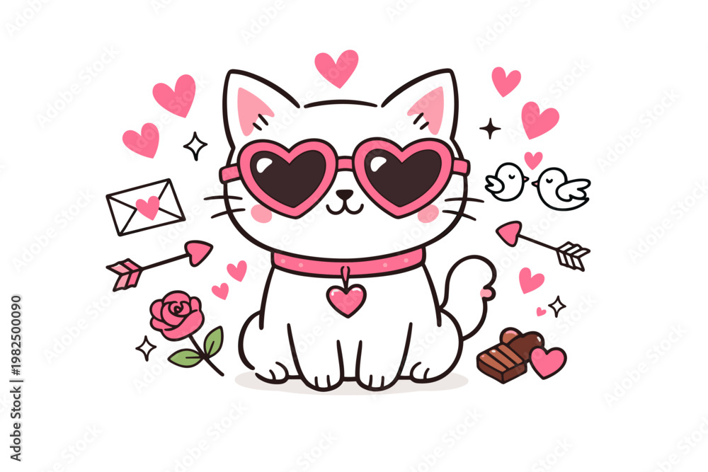Fototapeta premium Adorable Hand Drawn White Cat Doodle Wearing Pink Heart Shaped Sunglasses for Valentine's Day. Romantic Kawaii Kitten Illustration with Hearts, Love Letter, Rose, Cupid Arrows, and Chocolate.