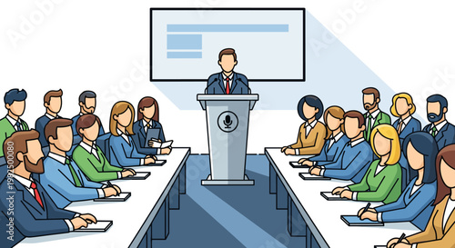 Formal meeting with speaker at podium, surrounded by attendees seated at long tables, in a brightly lit room with a presentation screen, featuring diverse professionals in