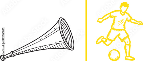 Vector illustration of a vuvuzela horn and a soccer player kicking a ball in a hand-drawn sketch style for sports fan support
