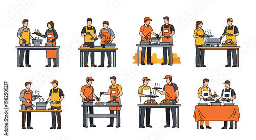 Chefs serving hot food at a buffet table, featuring multiple people wearing aprons and hats, steam rising from dishes, depicted with clean lines, orange, yellow, and gray color
