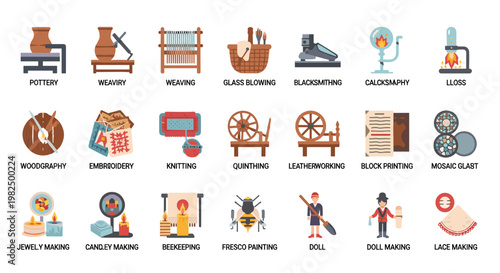 Collection of various crafts depicted in a flat, minimalist style, showcasing pottery, weaving, glassblowing, blacksmithing, woodgraphy, embroidery, knitting, leatherworking,