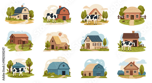 Charming farm scene featuring rural houses, cows, and trees. this delightful composition showcases a collection of idyllic countryside dwellings, each with unique architectural