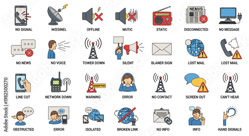 Communication failure vector set featuring various icons depicting technological malfunctions, including no signal, offline status, network disruption, and information loss,
