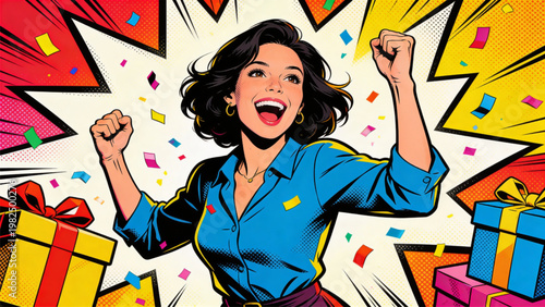 Excited woman celebrating win or success in pop art comic style with confetti and gift boxes.