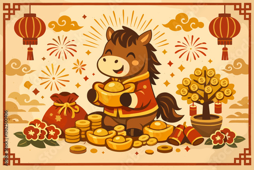 Vintage Chinese New Year poster with cute horse character holding gold ingot, money tree, lanterns, coins, and firecrackers, symbolizing prosperity and luck for the lunar zodiac celebration.