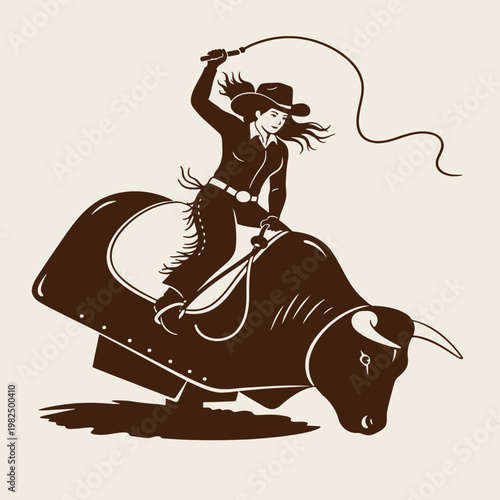 Woman riding a mechanical bull with a whip in a dynamic pose on beige background