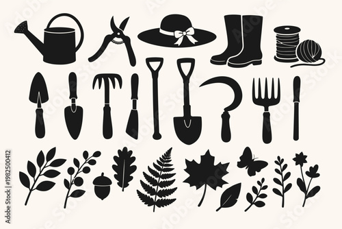 Vintage Botanical Gardening Tools and Leaves Silhouettes Set for Design and Decor; Flat Vector Icons of Watering Can, Shovel, Rake, Trowel, Boots, Hat, Sickle, Fern, Oak Leaf, and Acorn Elements.