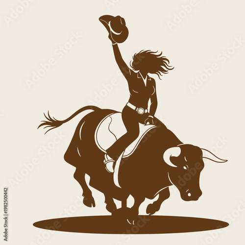 silhouette of a girl riding a mechanical bull on beige background