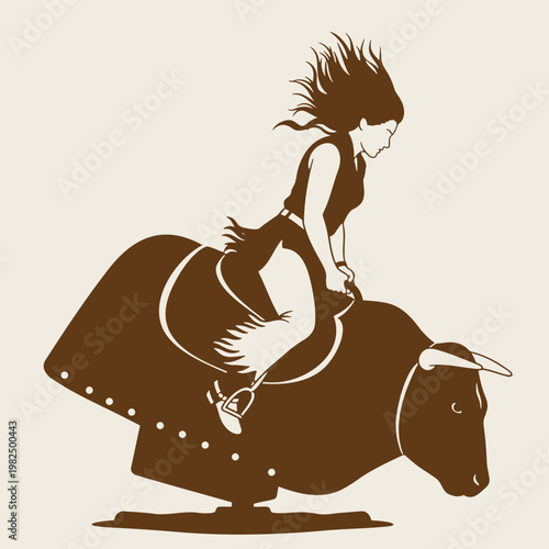 Brown silhouette of a girl riding a mechanical bull on beige background