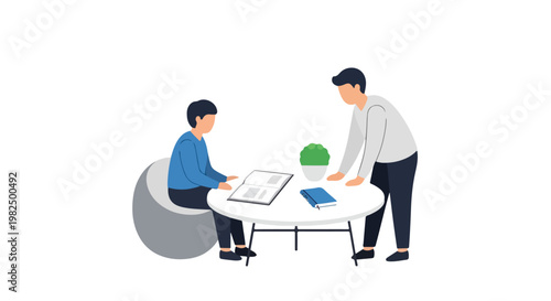 A vector illustration depicts a young student sitting at a round table reading a book while a teacher or mentor stands beside him to offer help.