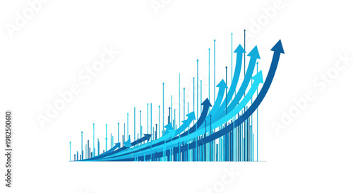Business growth concept with blue arrows moving upwards on white background