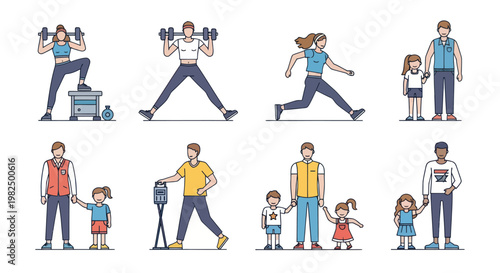 Active Lifestyle Illustration Set with Fitness Exercises and Parenting Scenes