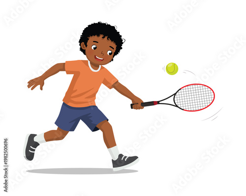 Little African boy play tennis with racket