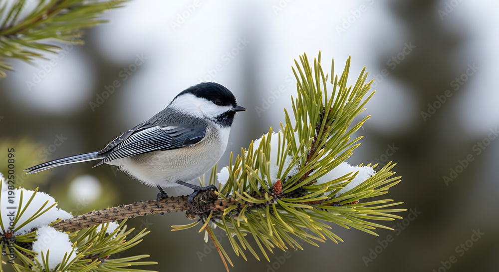 Obraz premium A charming black capped chickadee perched on a snowy pine branch on transparent background