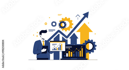 Businessman analyzing financial data with upward trend graphs and gears