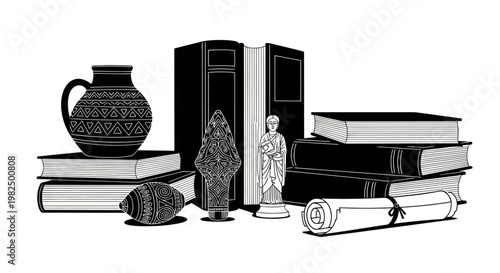 A black and white illustration of historical objects and ancient books.