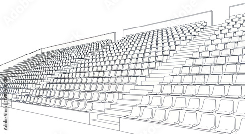 Empty stadium seats rendered in an architectural blueprint style