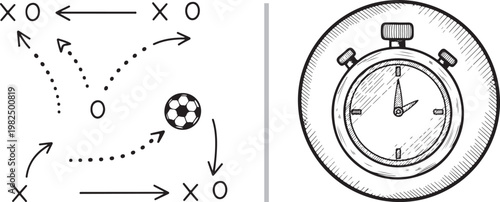 Soccer tactic game plan diagram and stopwatch timer sketch vector illustration for sports coaching and time management