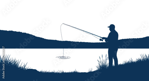 Silhouette of a man fishing on a lake at sunrise.