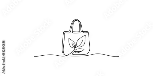 Simple line drawing of a tote bag with leaves minimalist eco-friendly reusable handbag leaf plant