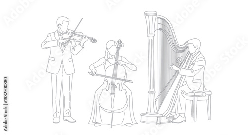 A musical ensemble performing classical music with a violin, cello, and harp.