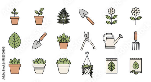 Gardening Tools and Potted Plants Icons Set for Home Garden