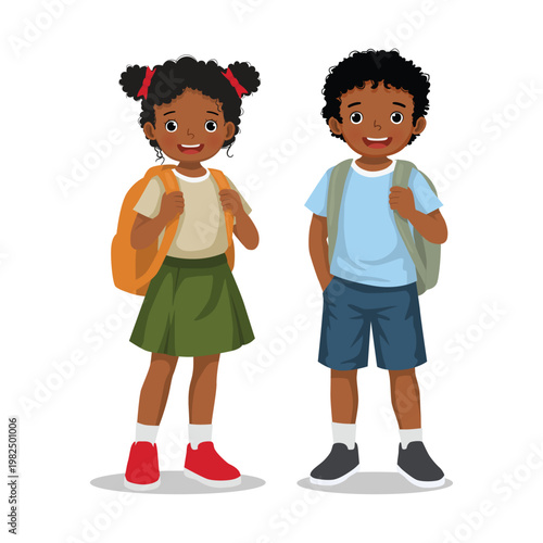 Two school African kids student with backpack standing together
