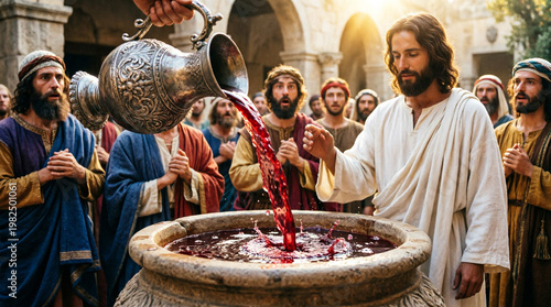 Jesus transforms water into wine at Cana, revealing divine power and sacred grace.