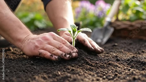 Gardener Planting Seedling into Soil for Home Gardening or Agriculture Growth