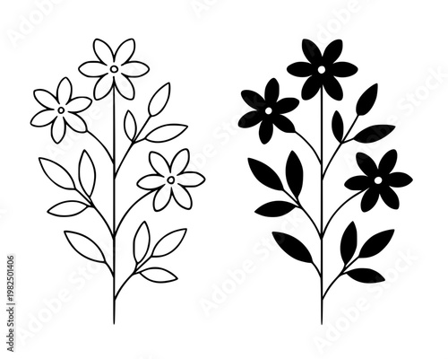 Minimalist jasmine plant icon, in outline and silhouette design