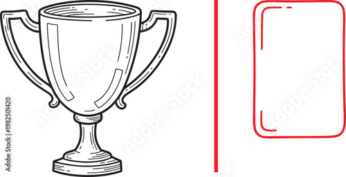 Hand drawn vector illustration of a trophy cup and red rectangular frame for sports achievement or competition results
