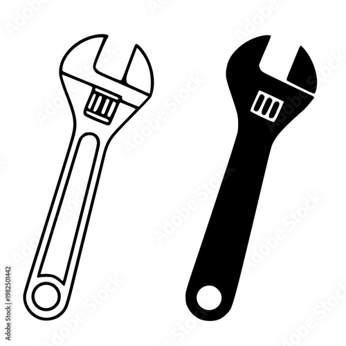 Adjustable wrench minimalist icon, in outline and silhouette design