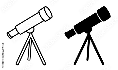 Telescope minimalist icon, in outline and silhouette design