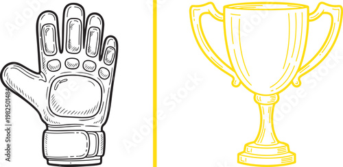 Goalkeeper glove and gold trophy cup hand drawn vector illustration for soccer achievement and sports competition