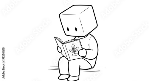 Cube shaped character reading book.