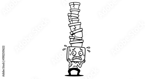 Overwhelmed cartoon character with papers.