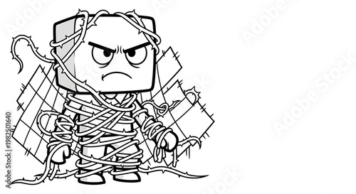 Angry cartoon character wrapped in cords.