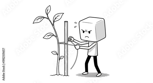 Cube character watering a small plant.