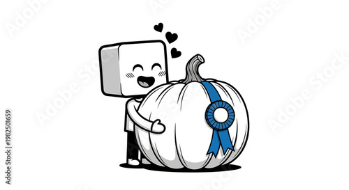 Smiling cube character hugs pumpkin.