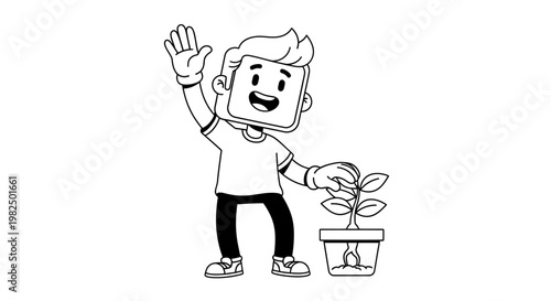 Cartoon man holding a potted plant.
