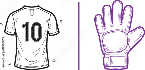 Soccer jersey with number 10 and goalkeeper glove vector illustration in hand drawn line art style