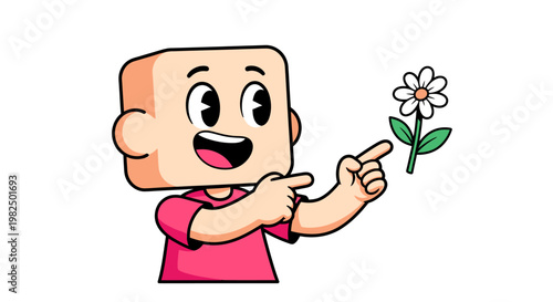 Cartoon child holding white flower.