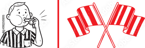 Hand drawn vector illustration of a sports referee blowing a whistle and crossed striped flags for game officiating