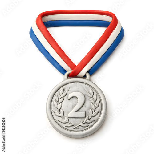 A silver medal with the number two and a laurel wreath, hanging from a red, white, and blue striped ribbon, isolated on a white background.