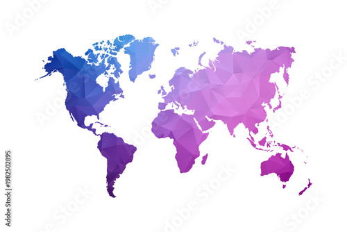World Map - Polygon Style Vector Illustration in Blue and Purple Gradient, Low Poly Geometric Design, Isolated on White Background, Ideal for Infographics and Learning Materials.