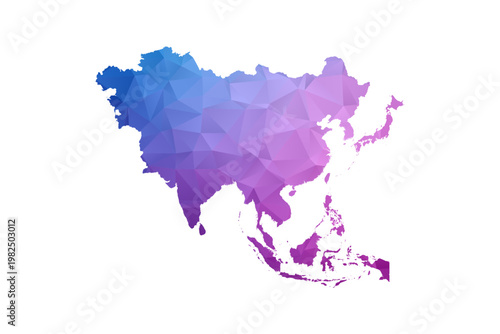 Asia Map - Polygon Style Vector Illustration in Blue and Purple Gradient, Low Poly Geometric Design, Isolated on White Background, Ideal for Infographics and Learning Materials.