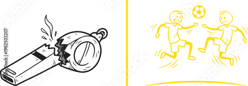 Broken referee whistle and soccer players stick figure doodle vector illustration for sports competition and fair play concept